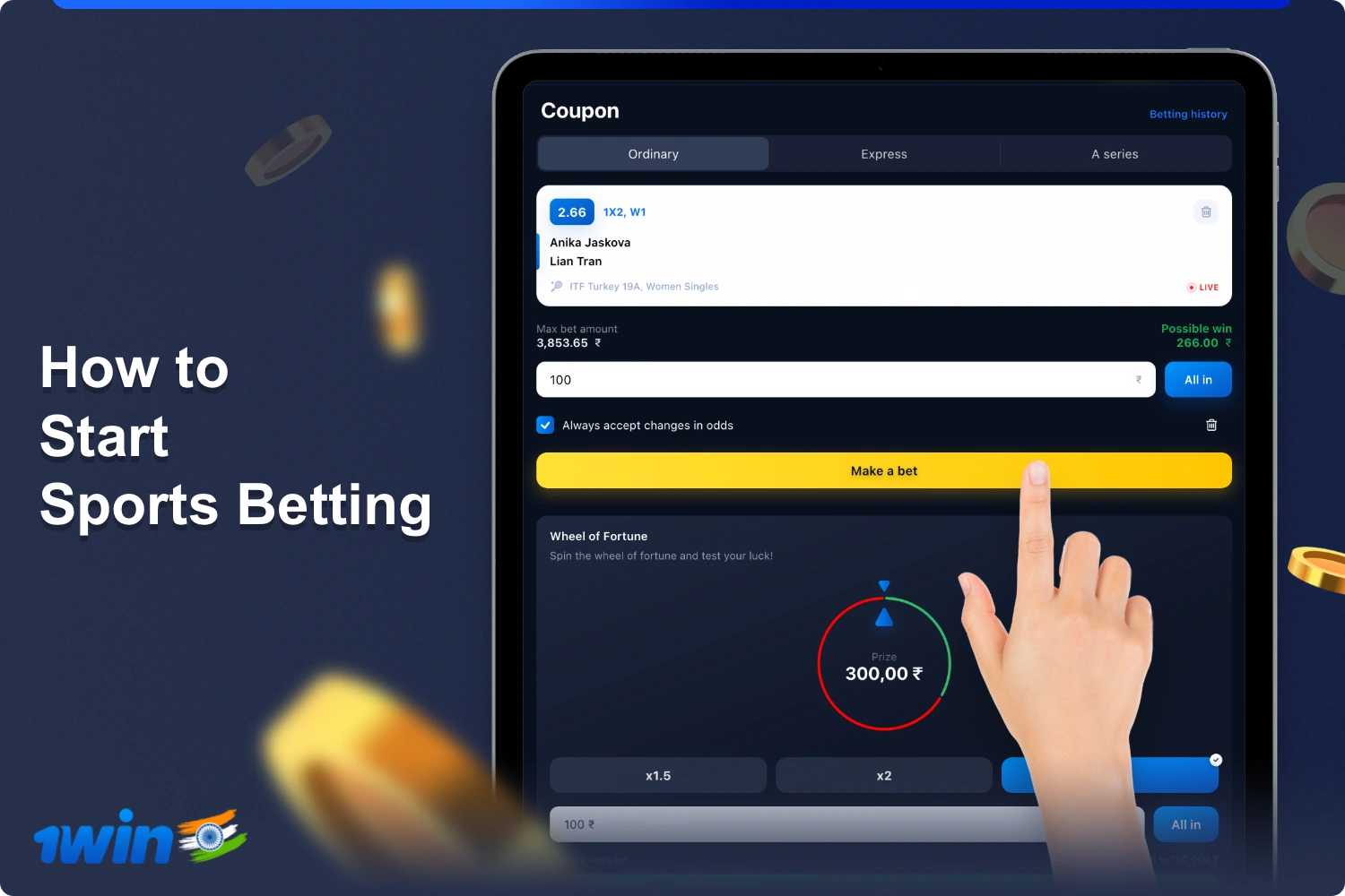 In order to start betting on sports at 1win you need to create an account and deposit