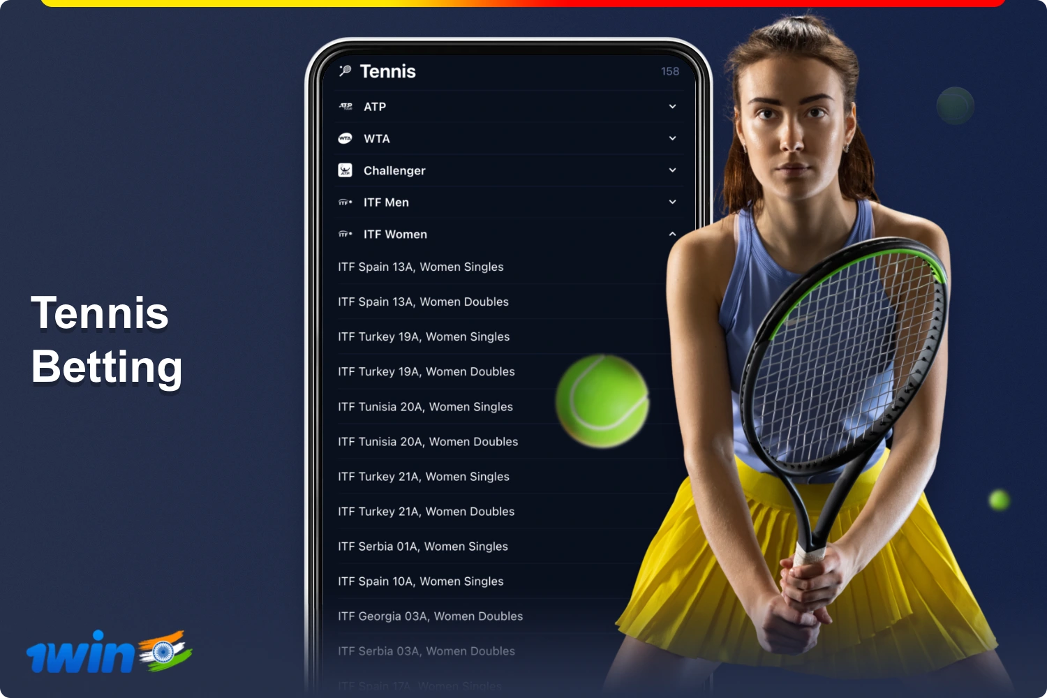 A wide range of tennis betting is available to Indian users on the 1win platform